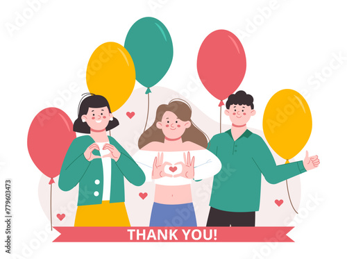 Thank you concept. Happy young adults giving thanks. Cartoon people and gratitude, balloons, hearts and ribbon, vector scene