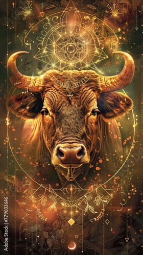 Mystical bull with sacred geometry background