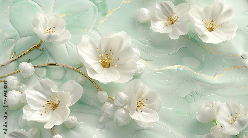 A fresh 3D wallpaper featuring light green and white, offering a serene and vibrant backdrop with a touch of gold A fresh 3D wallpaper featuring light green and white, offering a serene and vibrant backdrop with a touch of gold