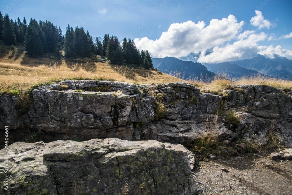 Landscape of rocks in the Le Prarion mountains on a sunny day in Les Houches, France