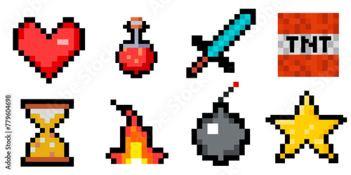 8-bit pixel game graphics set. Potion bottles, fire flame, sword, torch, emerald and heart. Objects for a pixel game. The concept of games background. Old game concept. Vector illustration