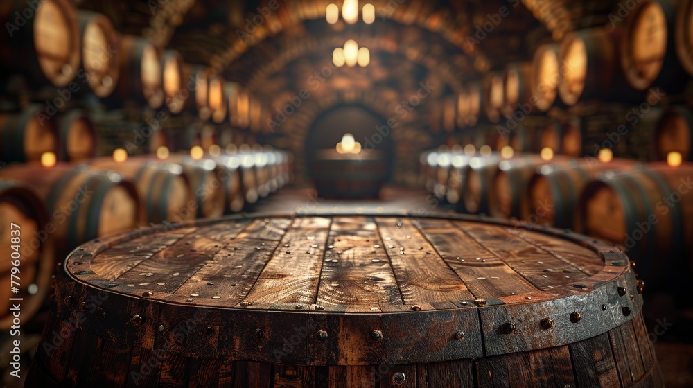 Fototapeta premium Vintage wooden barrel in winery cellar