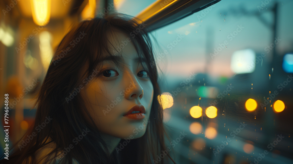 As she travels to work on Seoul's subway, a Korean woman's determined expression stands out against the backdrop of the city's vibrant energy, symbolizing the fusion of urban hustle. As she travels to work on Seoul's subway, a Korean woman's determined expression stands out against the backdrop of the city's vibrant energy, symbolizing the fusion of urban hustle.