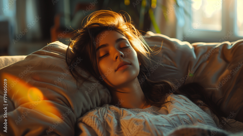 Experience tranquility as a young woman rests on the sunlit sofa, her peaceful face illuminated by the soft, golden light. Experience tranquility as a young woman rests on the sunlit sofa, her peaceful face illuminated by the soft, golden light.