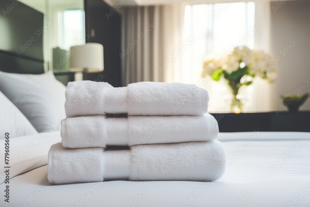 Freshly folded white towels arranged neatly on bed in spacious bedroom with free copy space