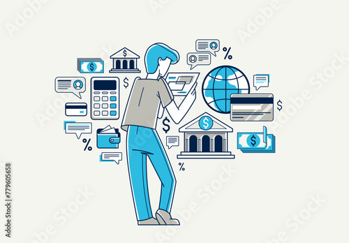 Online banking vector outline illustration, manager working with finances or customer manages his account with deposit or credit, e-banking.
