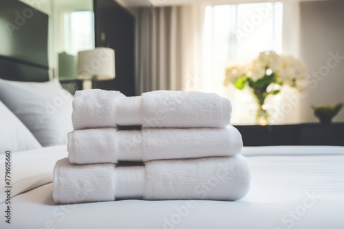 Freshly folded white towels arranged neatly on bed in spacious bedroom with free copy space © Aliaksandra