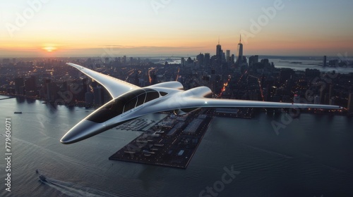 Futuristic Airplane Flying Over Large City