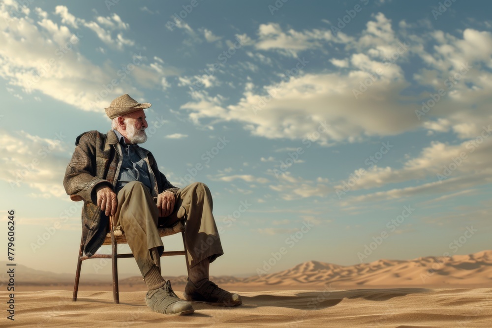 An old man sits alone in contemplation, facing vast desert dunes under a cloudy sky. Elderly Man Contemplating in the Desert