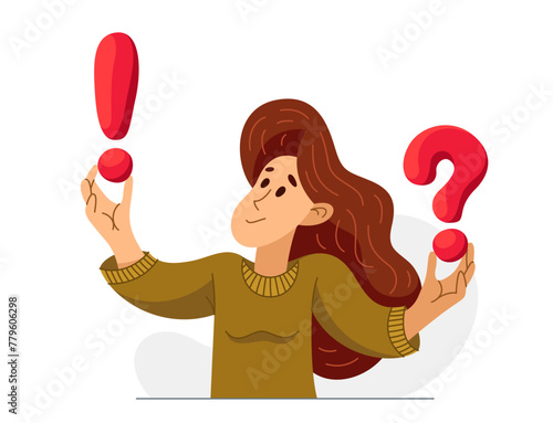 Young woman having a doubt and question, vector illustration of a person who is hesitating and thinking about some problem, decide uncertainty.