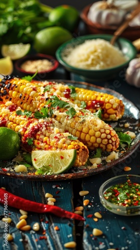 Golden grilled corn on the cob garnished with lime wedges and chili, ready to be enjoyed