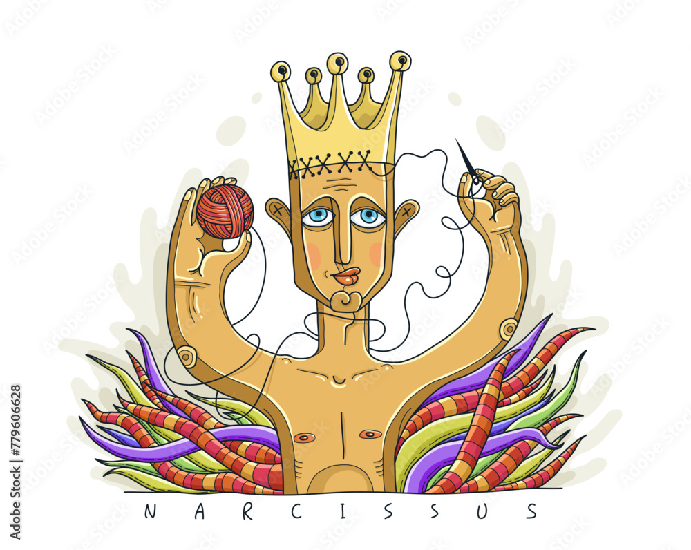 Narcissist man vector illustration, metaphor conceptual drawing of a young man wearing a crown symbolizing narcissism psychology disorder. - obrazy, fototapety, plakaty 