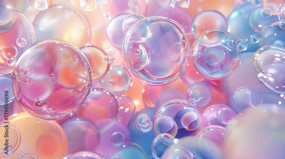 Three-dimensional art background. Holographic floating liquid blobs, soap bubbles, metaballs.