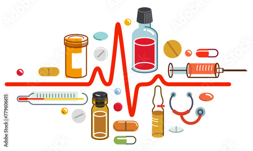 Heartbeat cardiology theme medical drugs and different medicine composition, vector flat style illustration isolated over white, ECG with a lot of elements, can be used separately, big set.