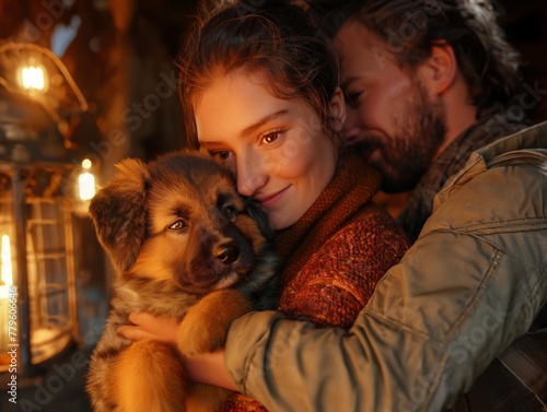 A man and woman are hugging a puppy. The woman is smiling and the man is looking at her. Scene is warm and affectionate