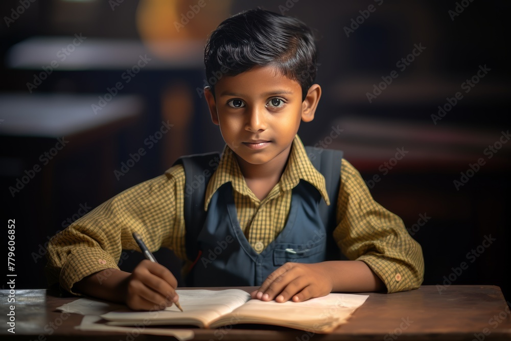 Indian boy studying in school An attentive atmosphere, children learn with interest 