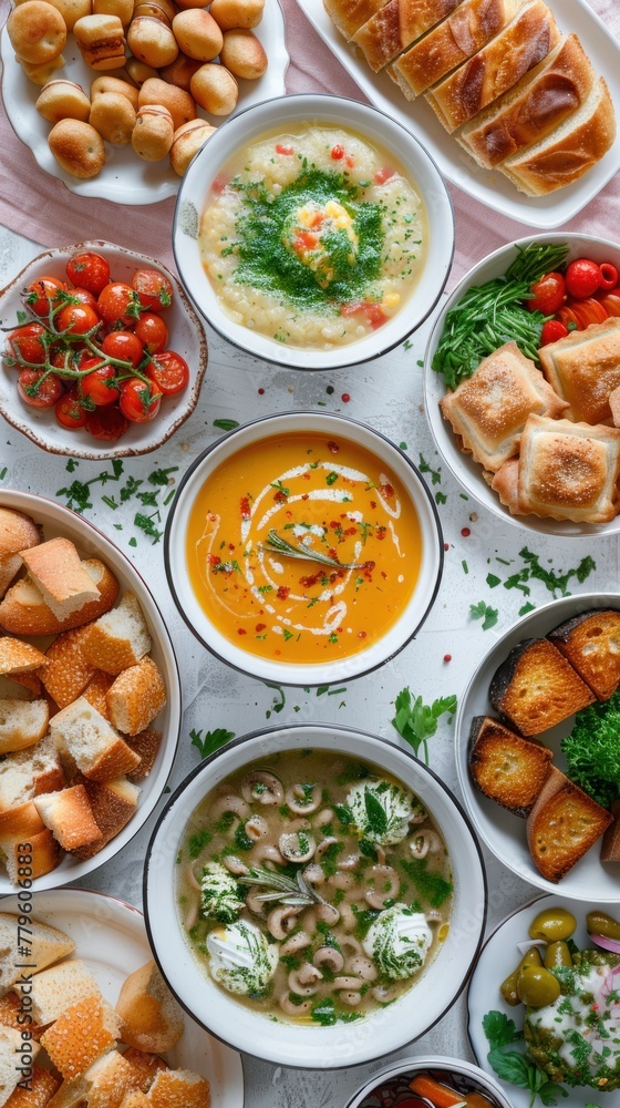 A top view of a table covered with a diverse selection of food items, including fruits, vegetables, meats, and bread