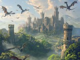 A fantasy scene with a castle and dragons flying around it. Scene is adventurous and exciting