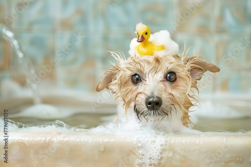 Dog with duck on head and sponge in mouth in bathtub