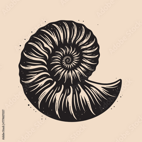 Ammonite mollusk fossil. Vintage retro engraving illustration. Black icon, isolated element	