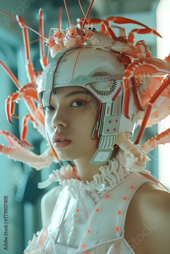 Cyborg Woman and Marine Life Fusion: A Bold in Ultramodern Style photo