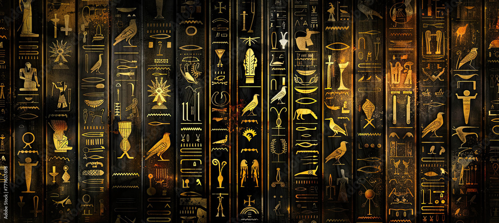 Ancient Egyptian hieroglyph drawings on black background Stock ...