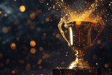 Gold cup with a splash of gold confetti or dust on a dark bokeh background with space for text or inscriptions
