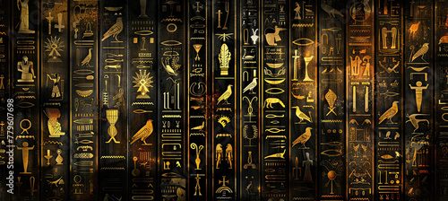 Ancient Egyptian hieroglyph drawings on black background 