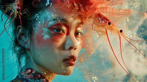Avant-Garde Fashion Story: Woman's Metamorphosis into a Shrimp-Inspired Sea Creature