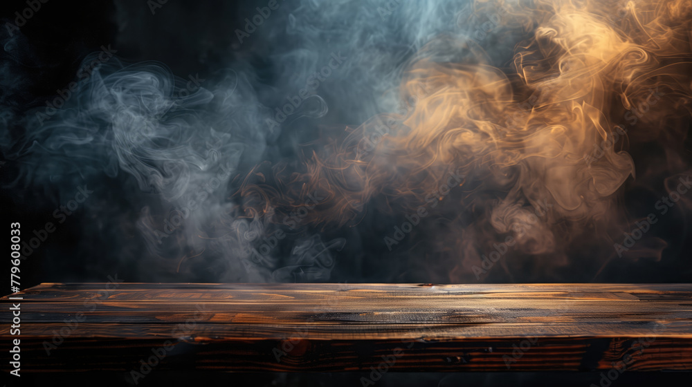 empty dark wooden table with smoke billowing above it empty dark wooden table with smoke billowing above it