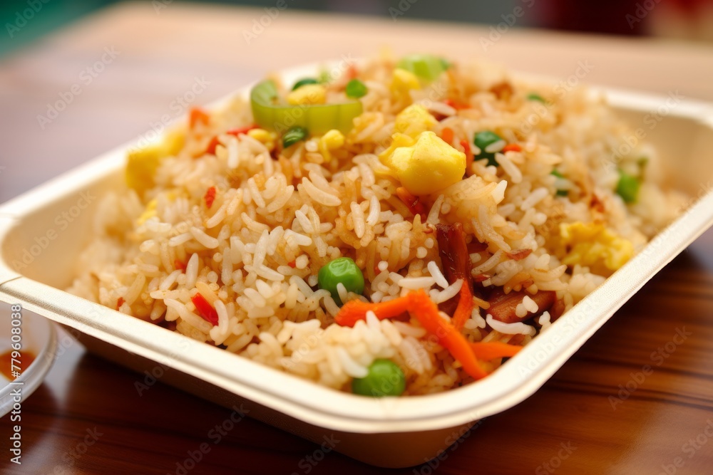 Tasty fried rice on a plastic tray against a whitewashed wood background Tasty fried rice on a plastic tray against a whitewashed wood background
