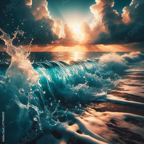 Beautiful seascape with waves at sunset. 3d rendering
