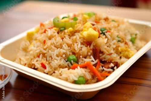 Tasty fried rice on a plastic tray against a whitewashed wood background