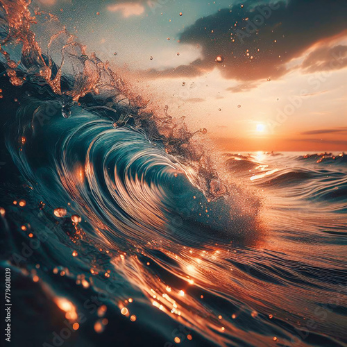 Ocean wave with splashes and drops of water at sunset or sunrise
