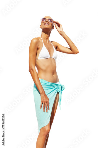 Happy girl at the beach, wearing a sunglasses, bikini and pareo, African latin American woman in sunny summer day isolated on white background, concept of summer seaside holiday, travel or shopping