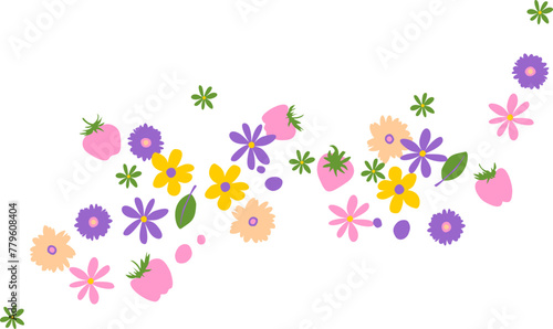 Colorful floral border. Purple and yellow simple summer flowers and strawberry