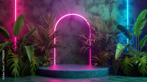 Backdrop for summer podium with tropical leaves and neon lights. 3D rendering.