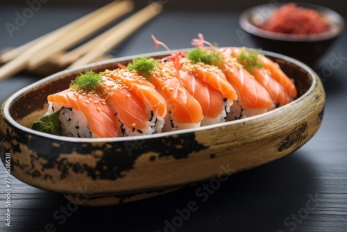 Exquisite sushi in a clay dish against a whitewashed wood background