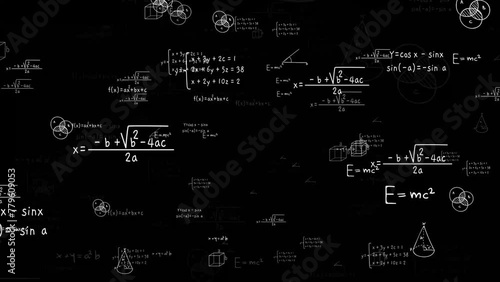 Math science formula mathematic equation calculation thinking loop endless animation black background 4k video 