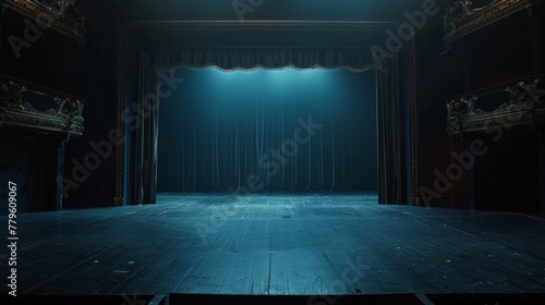 Majestic empty theater stage with blue curtain