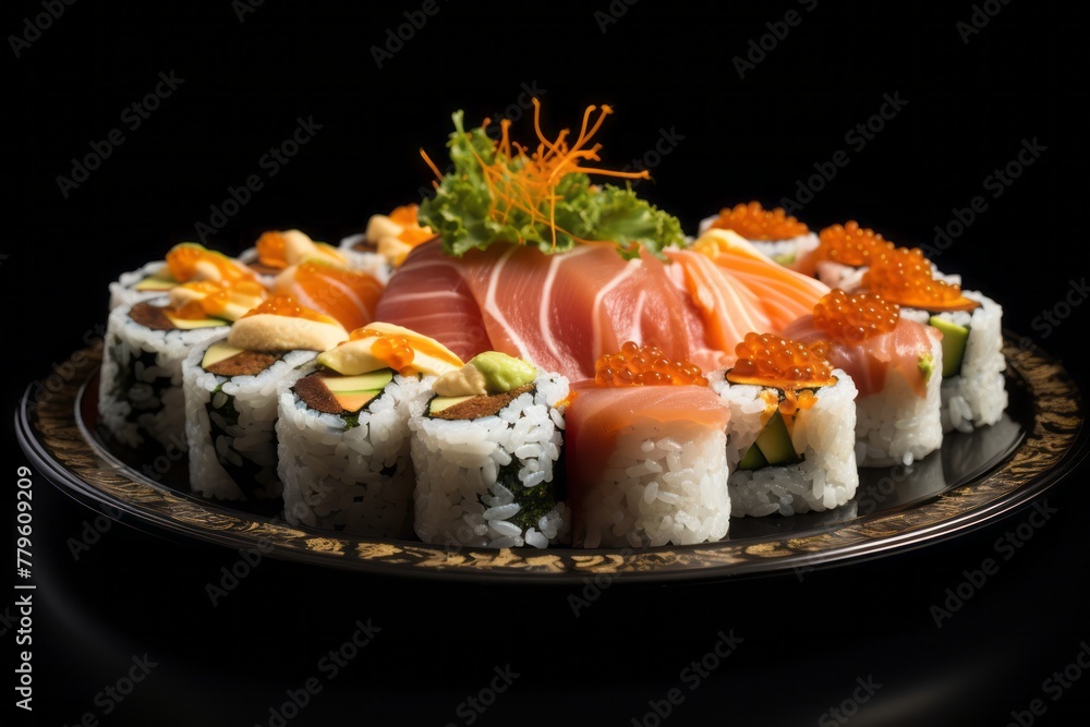 Hearty sushi on a porcelain platter against a dark background Hearty sushi on a porcelain platter against a dark background