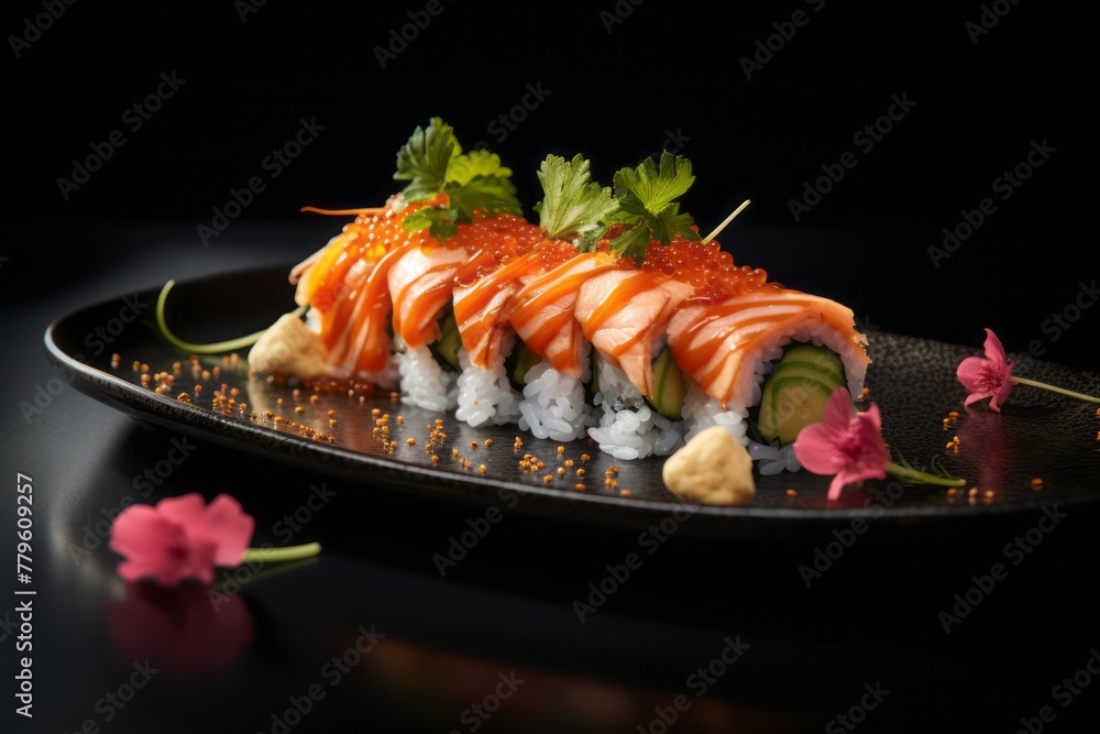 Hearty sushi on a porcelain platter against a dark background Hearty sushi on a porcelain platter against a dark background