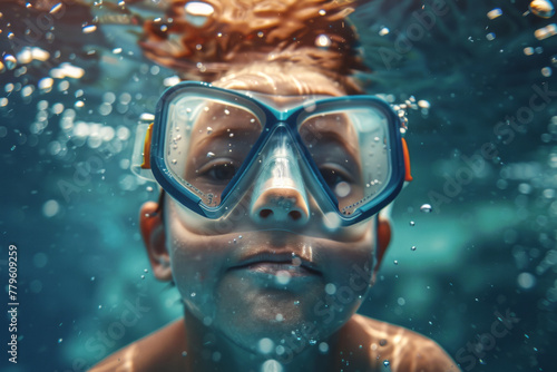 Boy with mask for underwater swimming with bubbles in front underwater  © Ivan
