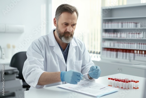  Middle-aged man doing blood test in lab Atmosphere: The doctor explains the test results in detail. 
