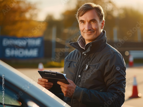 a driving instructor with a tablet stands near the car photo