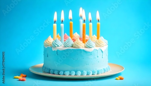 birthday cake with candles on pastel blue background with copy space