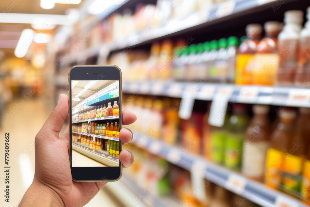 Middle-aged man looking at funny product pictures on a cell phone in a grocery store Relaxing atmosphere Exotic products Middle-aged man looking at funny product pictures on a cell phone in a grocery store Relaxing atmosphere Exotic products