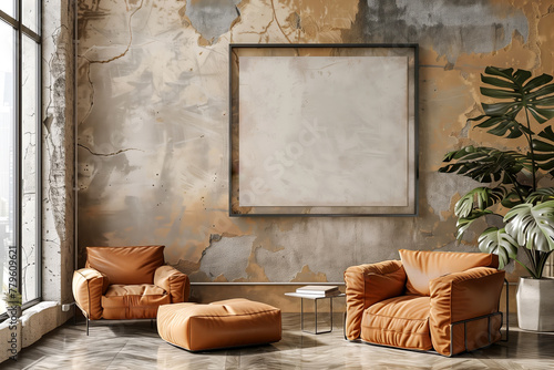 A brownthemed living room in a building with two leather chairs, an otto , and a large window offering natural light. The wood flooring and plant add a touch of comfort to the interior design photo