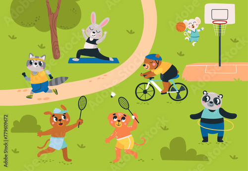 Animal outdoor training. Cute animals doing different exercises  bicycle riding and play basketball. Seasonal rest in park or nature  classy vector scene