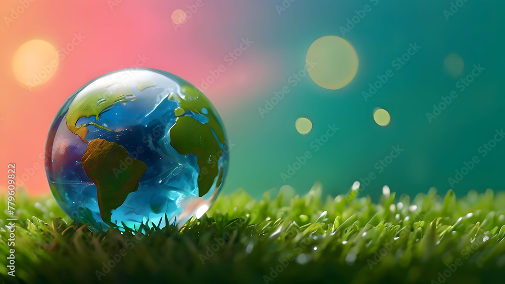 Earth crystal glass globe ball on green sunny background. concept of wildlife conservation, nature protection. Earth Day card with copy space